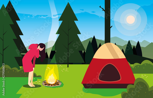 hiking woman camp tent bonfire forest filed