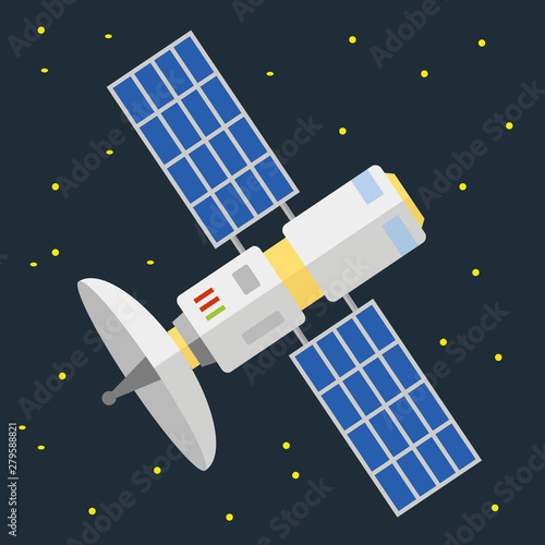 Communication satellite with solar panels in space vector illustration