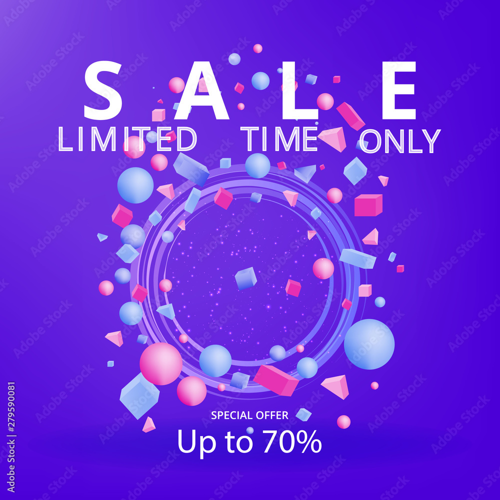 Fototapeta premium Sale banner template, 3d figures realistic vector primitives composition