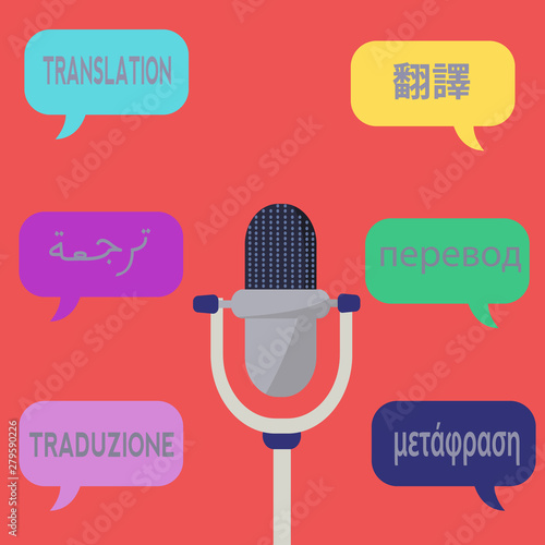 Vector drawing concept for audio translation with chinese, arabic,russian, italian and greek words for translation