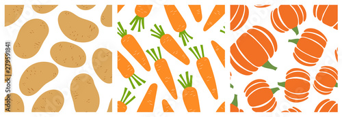 Potato, carrot, pumpkin. Vegetables seamless pattern set. Fashion design. Food print for clothes, linens or curtain. Hand drawn vector sketch background collection