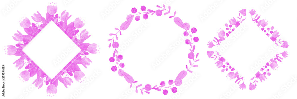 set of hand-drawn watercolor frames of stylized flowers set of hand-drawn watercolor frames of stylized flowers