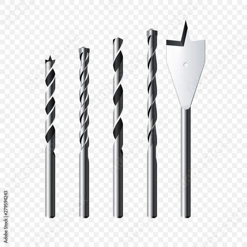 Set of realistic steel Drill Bits. Vector illustration isolated on transparent background