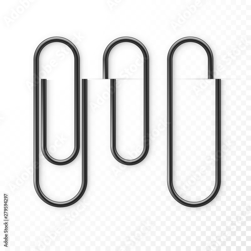 Realistic Black Paper Clip Attachment Set with shadow. Attach file business document. Paperclip icon. Vector illustration isolated on transparent background