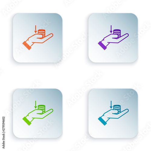 Color Money on hand icon isolated on white background. Palm holds cash with down. Cash salary decrease. Set icons in colorful square buttons. Vector Illustration