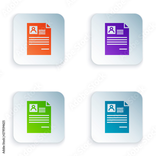 Color Resume icon isolated on white background. CV application. Searching professional staff. Analyzing personnel resume. Set icons in colorful square buttons. Vector Illustration
