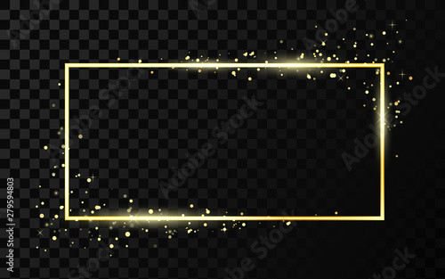 Golden frame template with glitter effect for banner, poster or postcard. Gold square shape frame with space for text. Banner frame template. Vector illustration isolated on transparent background