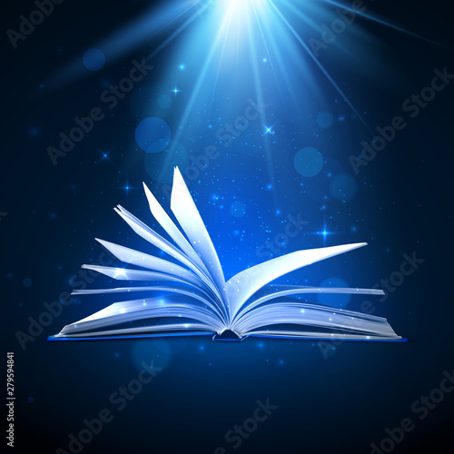 Open magic book on blue background. Fantasy light and sparkles. Vector illustration