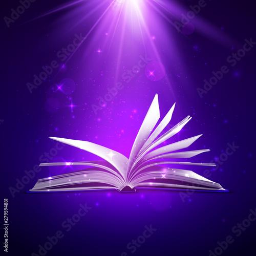 Mystery open book. Fantasy book with magic light and sparkles. Vector illustration in purple colors