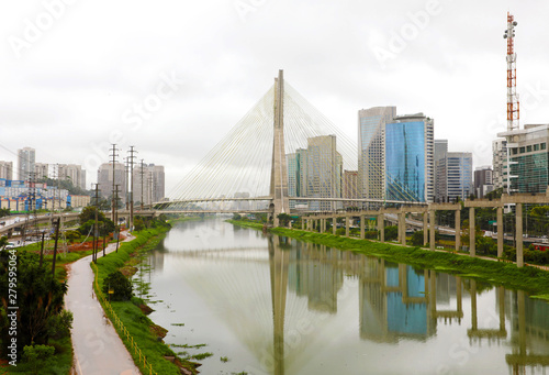 Sao Paulo city landmark Estaiada Bridge reflex in Pinheiros river, Sao Paulo, Brazil