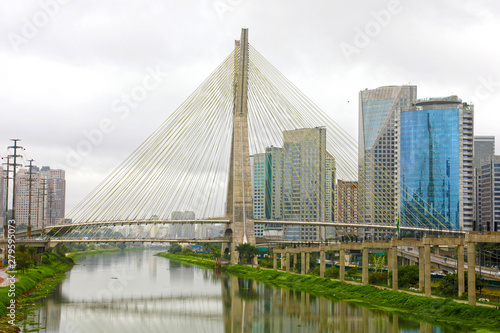 Sao Paulo cityscape landmark Estaiada Bridge reflex in Pinheiros river  Sao Paulo  Brazil
