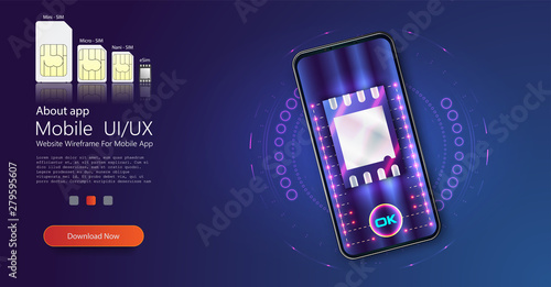 SIM card chip sign. Embedded eSIM concept. New mobile communication technology. Futuristic projection sim card. Vector illustration
