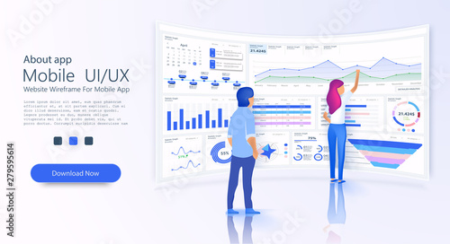 People interacting with admin panel  charts and analyzing statistics. Data visualization concept. Landing page template concept. Business infographic template. 3D isometric vector illustration.