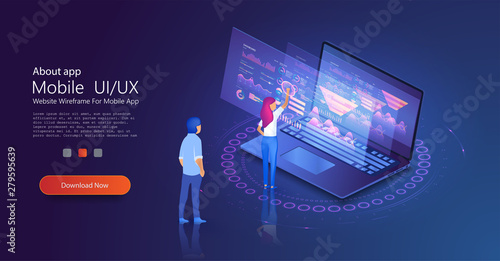 Data analysis concept with characters. Data visualization concept. Financial analytic and business infographic elements on screen laptop. Can use for web banner, infographics. Flat isometric vector