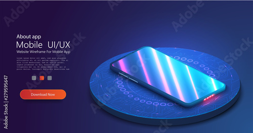 3D realistic template of an imaginary phone with the neon reflection on the screen. Perspective view of the smartphone on the podium. The layout of the device. Presentation of the interface design.