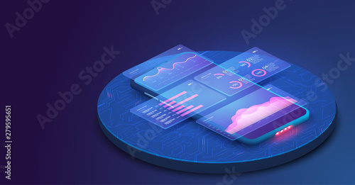 Online statistics and data Analytics.Digital money market, investment, finance and trading. Perfect for web design, banner and presentation. Isometric vector illustration. photo