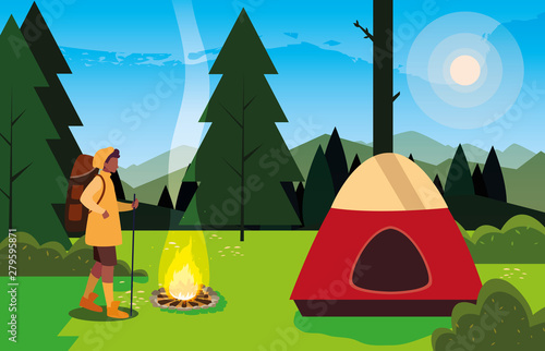 hiking man camp tent bonfire forest filed