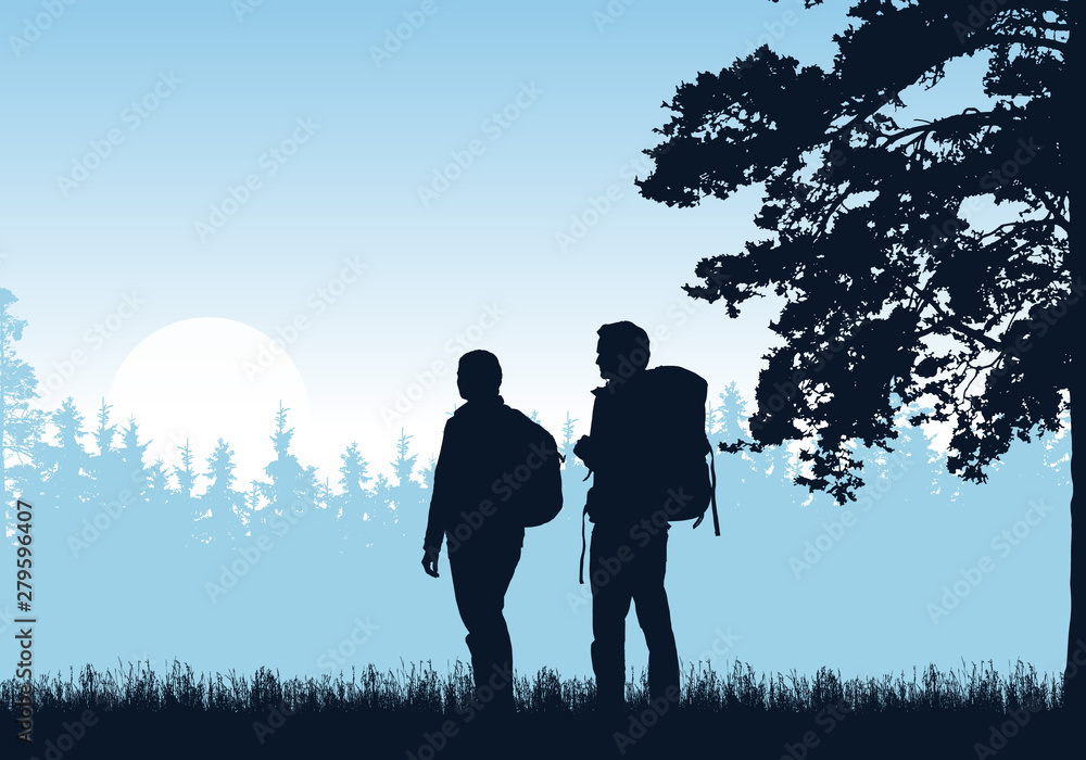 Realistic illustration of standing two tourist, man and woman with backpack, grass and high tree. Forest under blue sky with sunrise or sunset. With space for text, vector Realistic illustration of standing two tourist, man and woman with backpack, grass and high tree. Forest under blue sky with sunrise or sunset. With space for text, vector