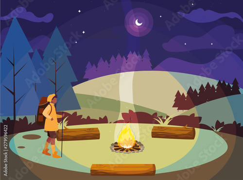 man camping bonfire forest mountains landmark