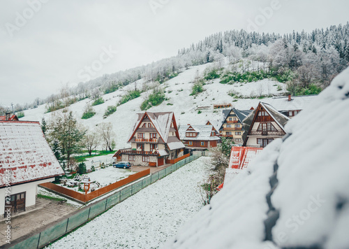 Day village in wintertime. Top view.