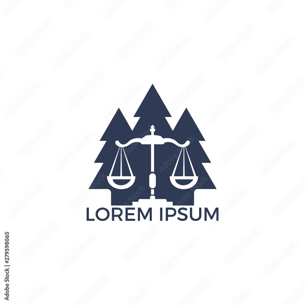Tree law logo design. Law scale and pine trees vector logo concept.