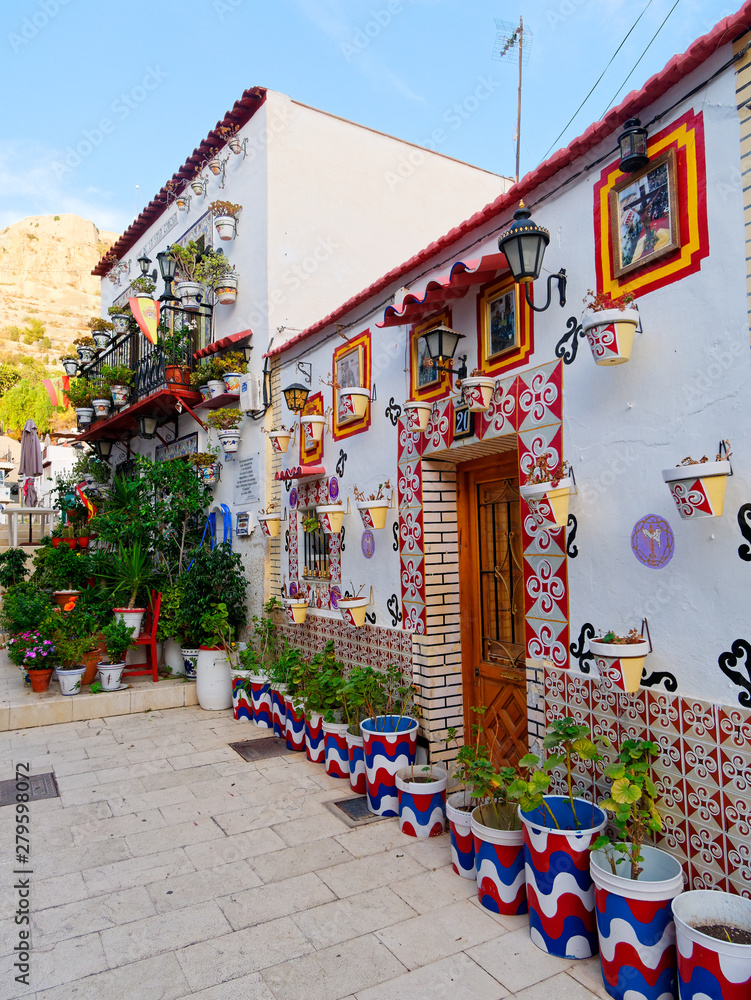 A beautifully decorated street in Alicante, Santa Cruz. Spain.