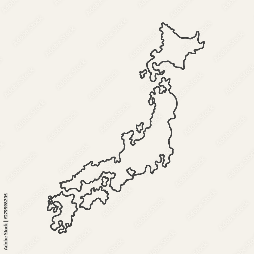 Thin outline map of Japan islands isolated on white background. Vector illustration.