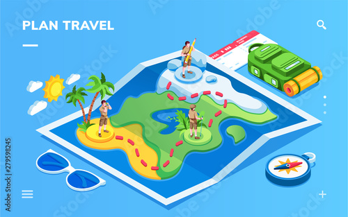 Isometric map with traveling man for smartphone application screen. Man at travel route and boarding pass, compass, glasses. Vacation planning, trip ticket booking, journey, explore online app screen