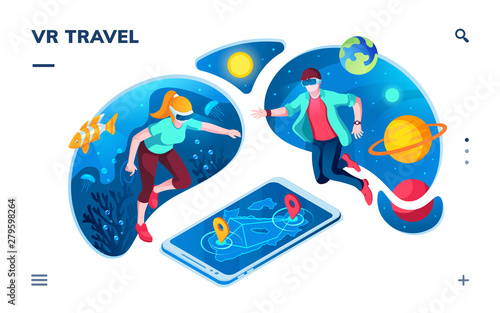People using virtual reality to travel through universe or ocean. VR simulation of underwater, space exploration, augmented reality for smartphone navigation. Application interface for visual service