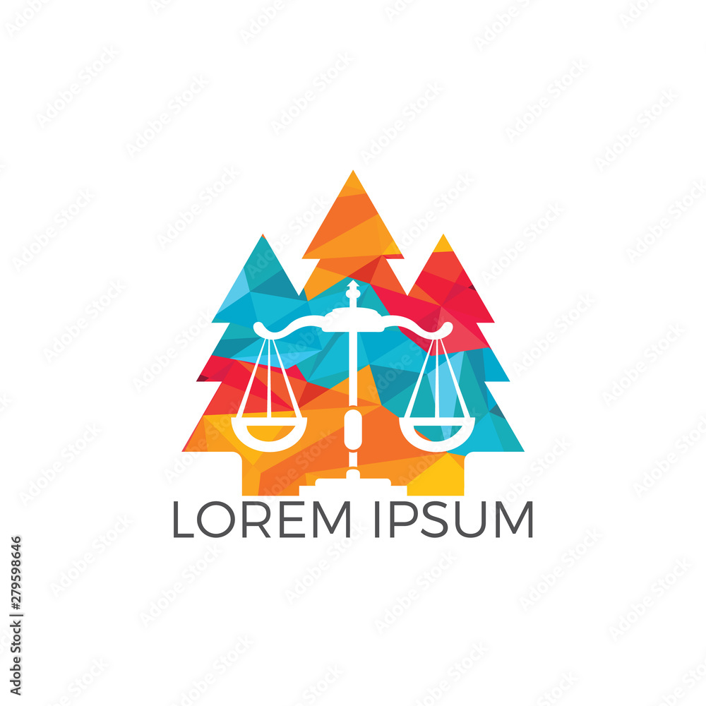 Tree law logo design. Law scale and pine trees vector logo concept.