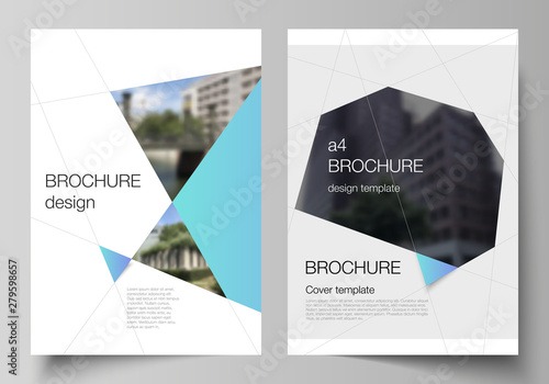 The vector layout of A4 format modern cover mockups design templates for brochure, magazine, flyer, booklet, report. Creative modern background with blue triangles and triangular shapes. Simple design