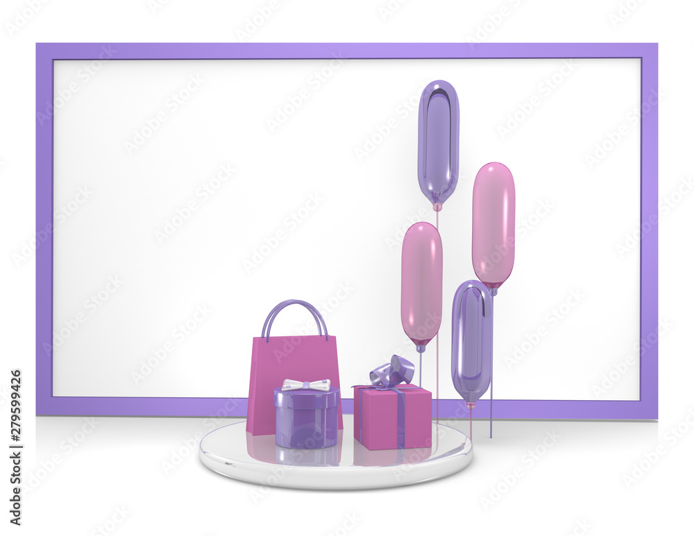 Hintergrund mit Geschenken und Luftballons in lila und rosa. 3d render Hintergrund mit Geschenken und Luftballons in lila und rosa. 3d render