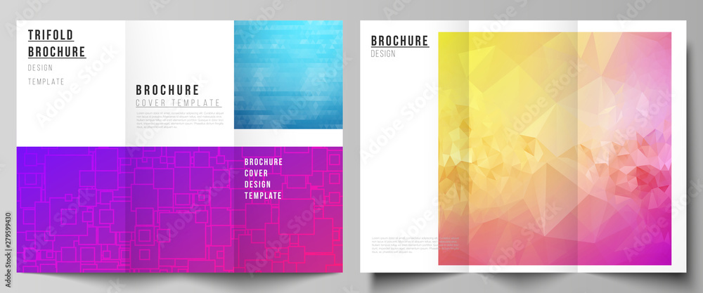 The minimal vector illustration of editable layouts. Modern creative covers design templates for trifold brochure or flyer. Abstract geometric pattern with colorful gradient business background.