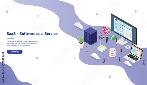 saas software as a service business concept with big word with team people for website template landing homepage website with isometric modern style - vector