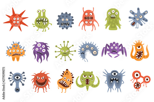 Aggressive Fantastic Monster Microorganisms Set. Bright Color Primitive Unfriendly Creatures Of Different Shapes Drawings