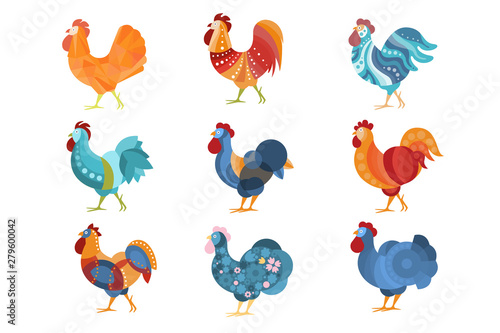 Rooster Similar Drawings Set Colored In Different Styles