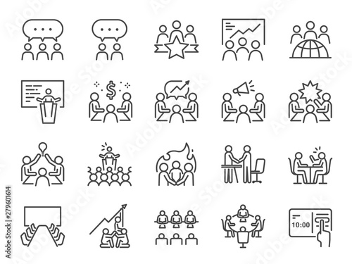 Meeting line icon set. Included icons as meeting room, team, teamwork, presentation, idea, brainstorm and more.