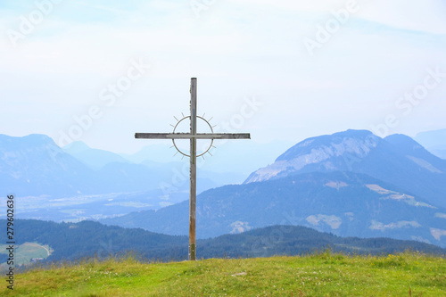 Holiday destination Wildschönau - Niederau, view from the mountain Markbachjoch with summit cross in summer, Tyrol - Austria