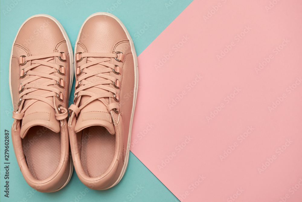 Stylish pink female shoes on pastel background, copy space. New sneakers on pink and blue background. Beauty and fashion concept. Flat lay, top view. Overhead shot Stylish pink female shoes on pastel background, copy space. New sneakers on pink and blue background. Beauty and fashion concept. Flat lay, top view. Overhead shot