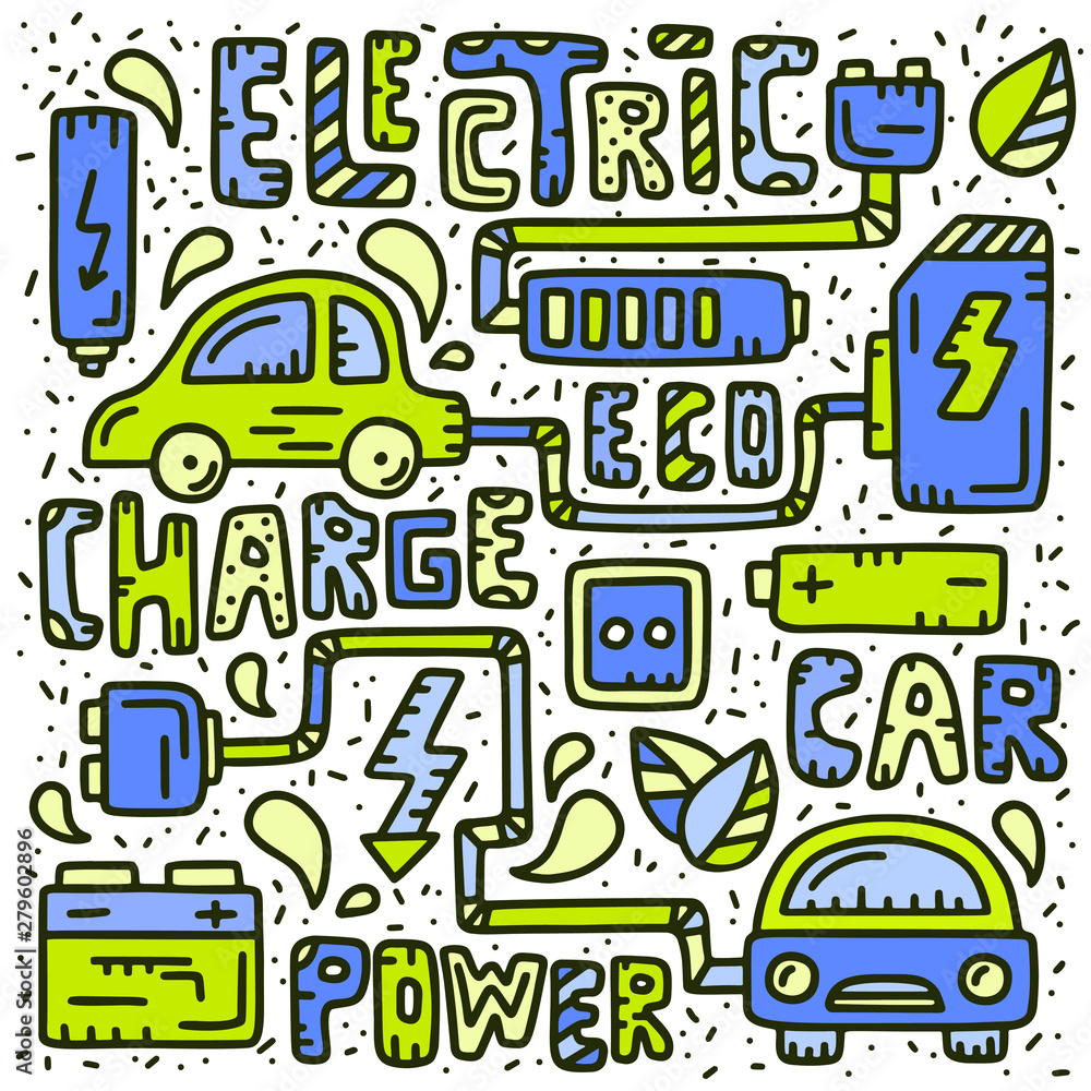 Multicolor Doodle of Electric car with lettering. Cartoon hand drawing. Vector illustration for poster, card, board. Hand drawn icons on white background