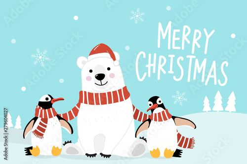Merry Christmas greeting card with cute polar bear and penguins with red scarf. Arctic animal in winter costume cartoon character vector