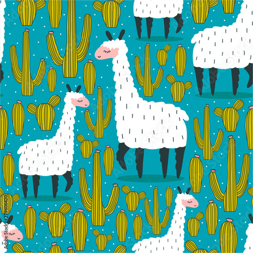 Lamas, cactuses,  hand drawn backdrop. Colorful seamless pattern with animals and cacti. Decorative cute wallpaper, good for printing. Overlapping background vector, happy alpacas. Llama