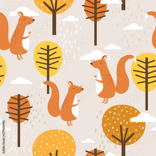 Seamless pattern, squirrels and trees, hand drawn overlapping backdrop. Colorful background vector. Illustration with animals. Decorative colored wallpaper, good for printing