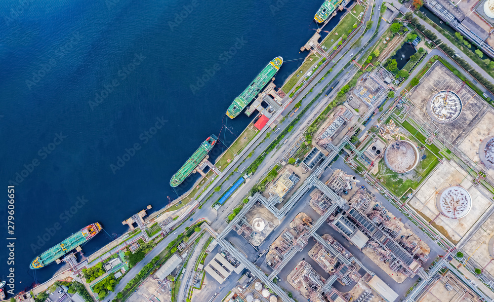 Ship oil tanker and LPG gas in port for export at sea. Aerial view