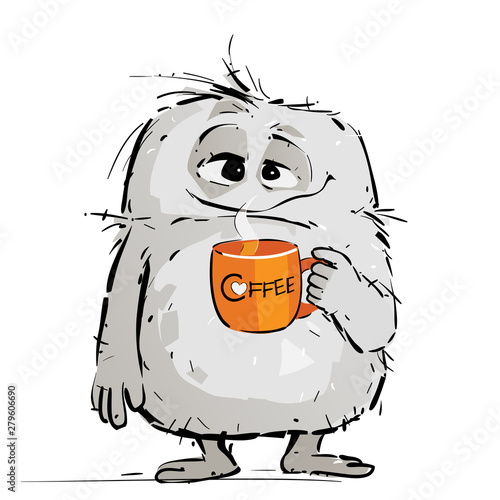 Tired Little Monster Drinking Coffee