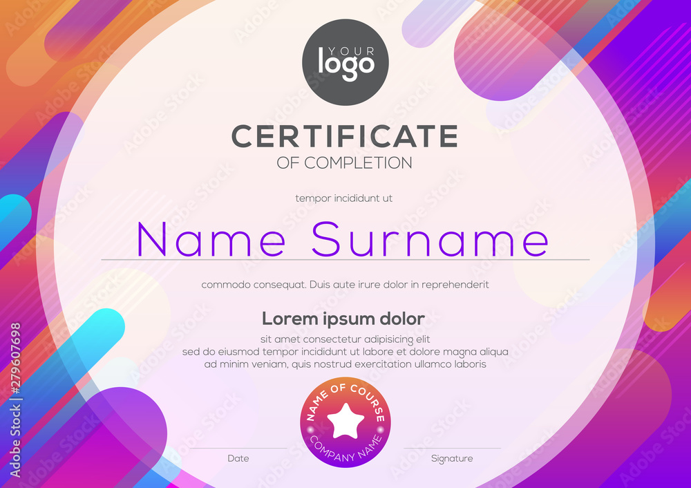 modern certificate of completion template with vibrant bold color abstract graphic background - obrazy, fototapety, plakaty 