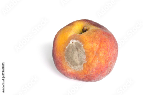 Isolated old wrinkled moldy peach. Spoiled fruit photo