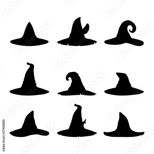 Witch hats silhouettes collection isolated on white background. A set of items for Halloween. Vector illustration in the style of flat