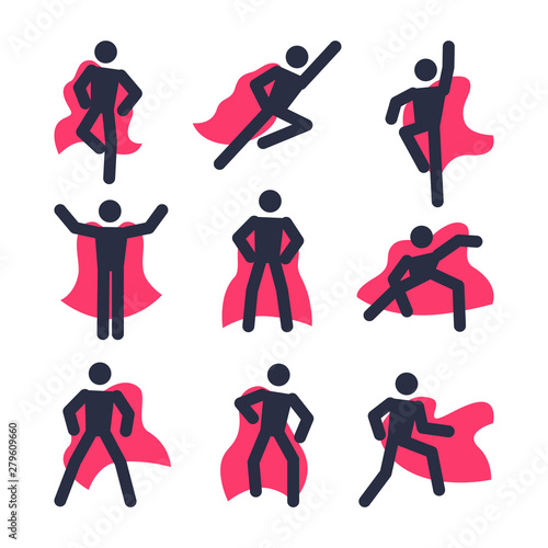flat vector image on white background, man silhouette with red cloak icon set, superhero in business