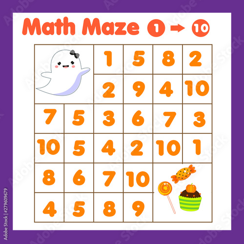 Educatiional children game. Mathematics maze. Labyrinth with numbers. Counting from one to ten. Halloween theme activity for toddlers and kids photo